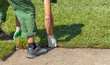 © Sergei - A worker is seen laying down a strip of sod in a garden. Their hands are visible, carefully placing the sod onto the ground.
