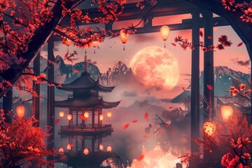Wall Mural - Chinese style background, fantasy world illustration style, full moon, dark red and orange color scheme
