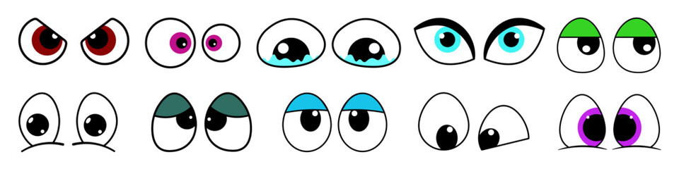 Goggle eyes icons in cartoon style. Cute, comical eyes of the character with emotions of happiness, anger, crying, surprise. Vector illustration.