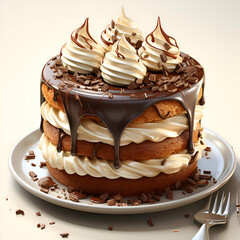 Wall Mural - Chocolate cake with whipped cream on a white background. 3d rendering