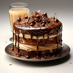 Wall Mural - Chocolate cake on a plate with a glass of coffee on a gray background