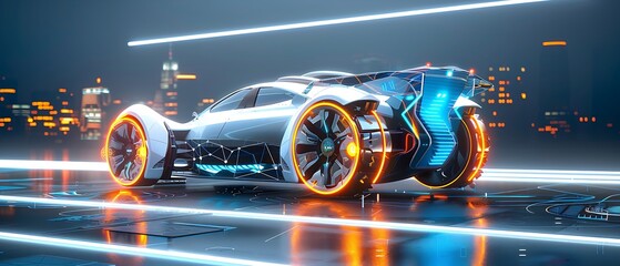 Wall Mural - Futuristic sports car with neon lighting on cybernetic grid, vibrant concept art