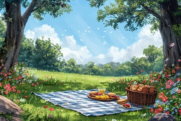 Wall Mural - Cheerful picnic scene with food, blanket, and blue sky.