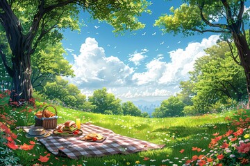 Wall Mural - Summer picnic with sandwiches, fruits, and lemonade.