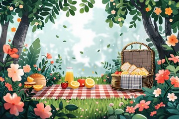 Wall Mural - Summer picnic scene with food and blooming flowers.