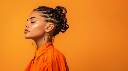 Braided hairstyle Portrait of a beautiful fashion model girl in an orange blouse on an orange studio background Summer collection Bright colors : Generative AI