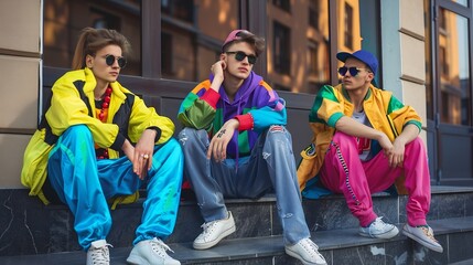 Retro street style 90s inspired fashion Young people friends wearing colorful tracksuits sunglasses shoes and accessories sitting outdoor Concept of 90s fashion youth culture oldstyle  : Generative AI