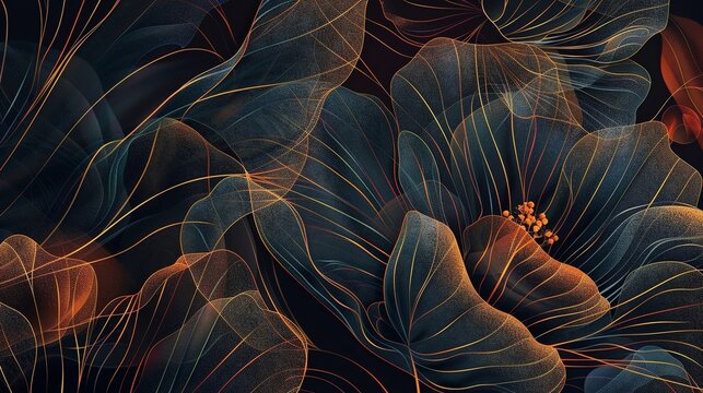 abstract dark black orange red flowers with gold lines