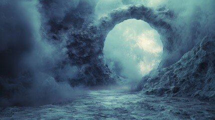 Wall Mural - A large, dark blue cave with a large, circular opening
