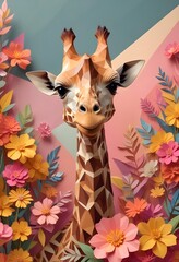 Wall Mural - A happy giraffe in a zoo full of flowers..