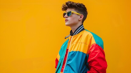 Young boy wearing colorful retroinspired windbreaker paired with sleek sunglasses and yellow panama Urban sport fashion Concept of 90s fashion youth culture oldstyle trends : Generative AI