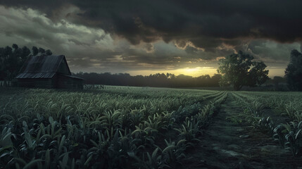 Wall Mural - Ominous Lighting Over Farm Fields, at sunset