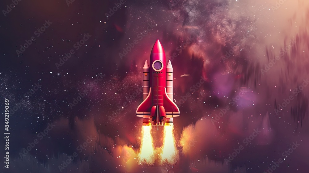 A space rocket launch illuminates the dark blue sky with smoke and ...