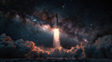 a space rocket launch illuminates the dark blue sky with smoke and stars in the background, capturin