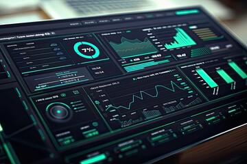 Modern dashboard interface displaying various data metrics, analytics, and graphs on a digital screen, showcasing business intelligence tools.