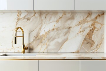 Poster - A minimalistic kitchen design concept with beige marble backsplash and gold faucet, a light background, and a minimalistic style. 3D rendering.