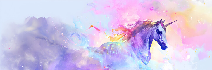Wall Mural - Vibrant watercolor unicorn web banner. Unicorn with radiant aura on lavender background.