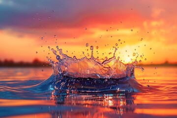 Wall Mural - A high-speed photo of a water splash against a backdrop of vibrant sunset colors