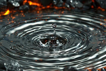 Wall Mural - A high-speed photo of a water droplet causing ripples in a pool of molten silver
