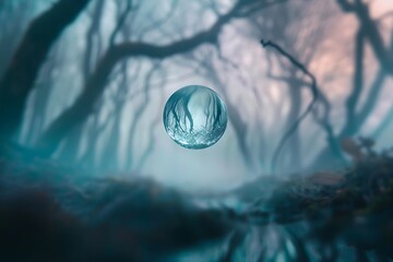 Wall Mural - A high-speed photo of a water dropleta??s journey through a misty forest