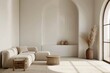 © Bundi - An interior with a white sofa and a blank wall of a living room
