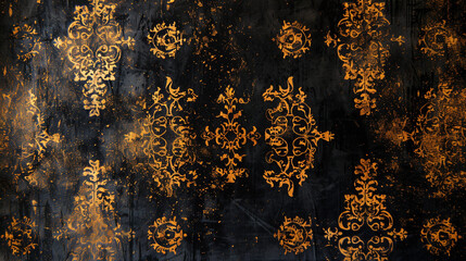 An elegant black velvet surface with antique gold embroidery, featuring a distressed grunge texture for a touch of vintage charm.