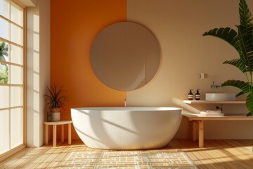 Bathroom with light wooden interior and ladder includes bathtub and sink with mirror