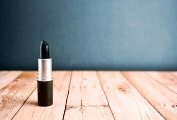 Bold black matte lipstick tube beauty make up products object photography isolated on horizontal ratio wooden surface background.