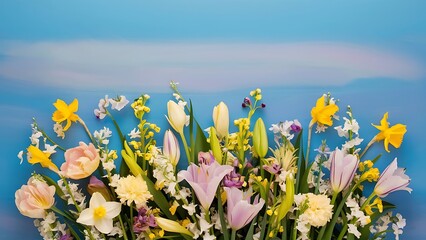 Bouquet of spring flowers on a blue background top view