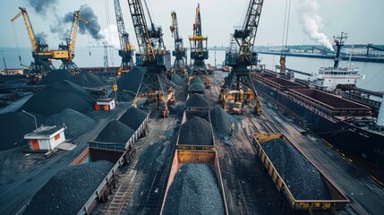 Wall Mural - A large industrial area with many cranes and a lot of coal