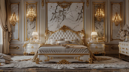 Wall Mural - A lavish master bedroom adorned with a bed frame featuring a headboard crafted from exquisite white marble streaked with veins of shimmering gold, 