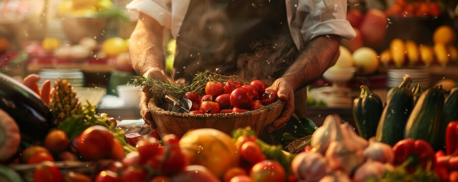 Fall farmers' market cooking challenge, chefs and culinary creativity, 4K hyperrealistic photo.