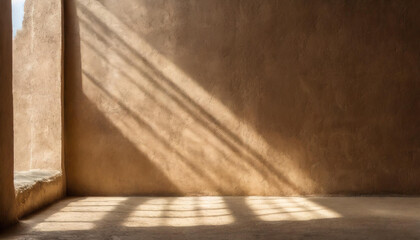 Fototapete - minimalistic background of empty beige brown wall with sun rays for presentation, texture