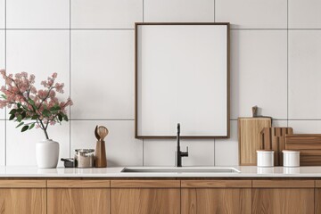 Wall Mural - Three-dimensional rendering of a modern kitchen with wood cabinets, minimalist decor, and a light environment.