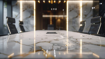 A luxurious boardroom featuring a conference table crafted from sleek white marble accented with veins of shimmering gold, its refined elegance captured in exquisite detail by the lens of a UHD camera