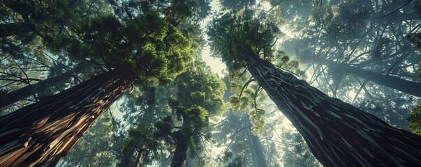 Wall Mural - Majestic redwood forest with towering trees reaching for the sky, 4K hyperrealistic photo