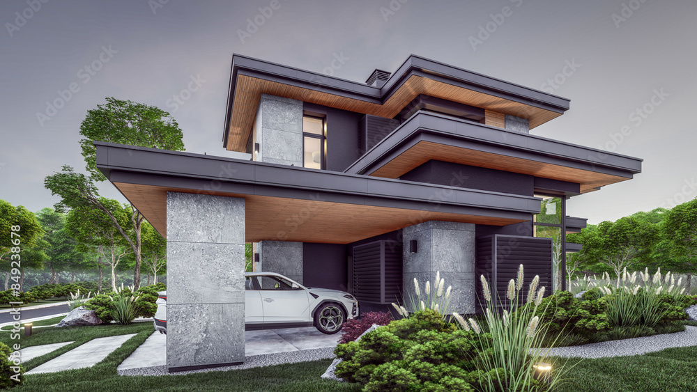 3d rendering of modern two story house with gray and wood accents ...