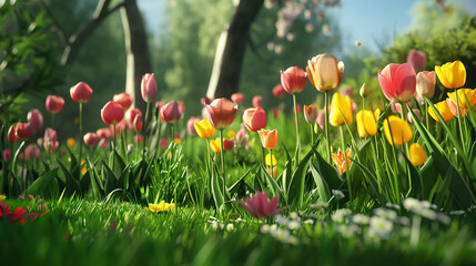 Wall Mural - A picturesque scene of a meadow filled with colorful tulips and lush green grass.