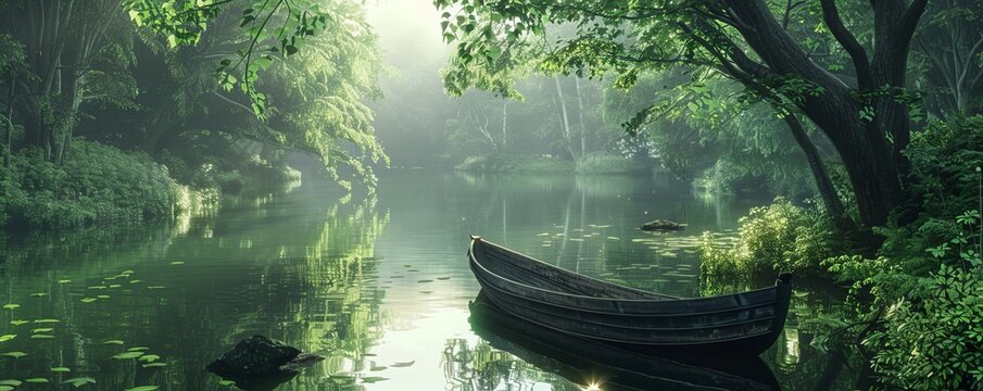 Boating on a calm river surrounded by lush greenery, reflections in the water, 4K hyperrealistic photo.