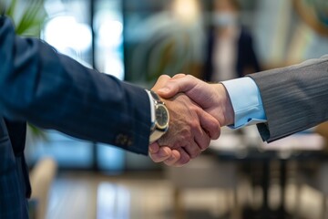 Wall Mural - A close-up shot of a professional handshake between two businessmen during a business meeting in a modern office setting