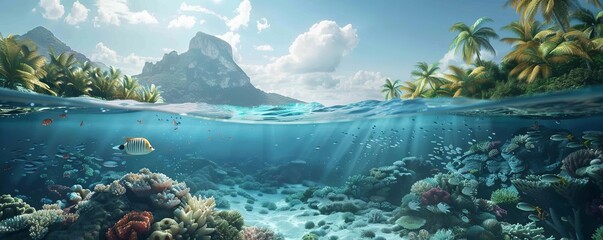 Poster - Seaside snorkeling adventure among coral reefs, snorkels and marine life, 4K hyperrealistic photo.