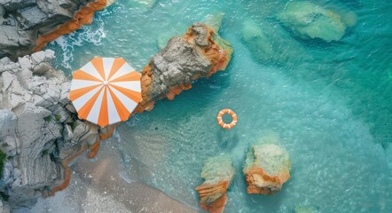 Wall Mural - Aerial view of a beach with an umbrella and a floating ring in turquoise water. Stock AI.