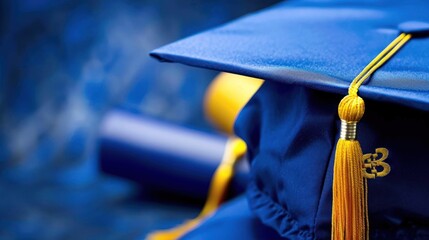 A blue graduation cap with a yellow tassel sits on top of a blue background