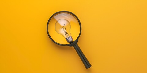 A magnifying glass over an idea light bulb sticker on yellow background, symbolizing the process of searching for ideas and answering questions about how to transform them into reality