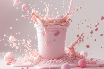 Pink boba tea with splashing bubbles and straw in cup on pink background.