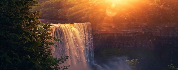 Wall Mural - Powerful waterfall illuminated by the warm glow of the setting sun, 4K hyperrealistic photo