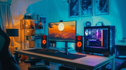 Aufkleber - A desk with a computer monitor and compact desktop speakers, set up for an immersive gaming experience