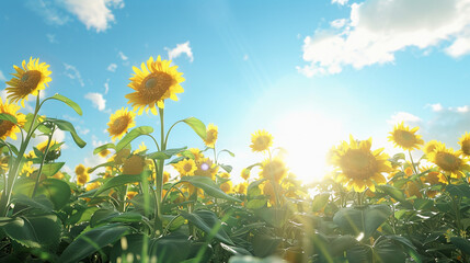 A stunning view of blooming sunflowers and verdant leaves under a clear blue sky.