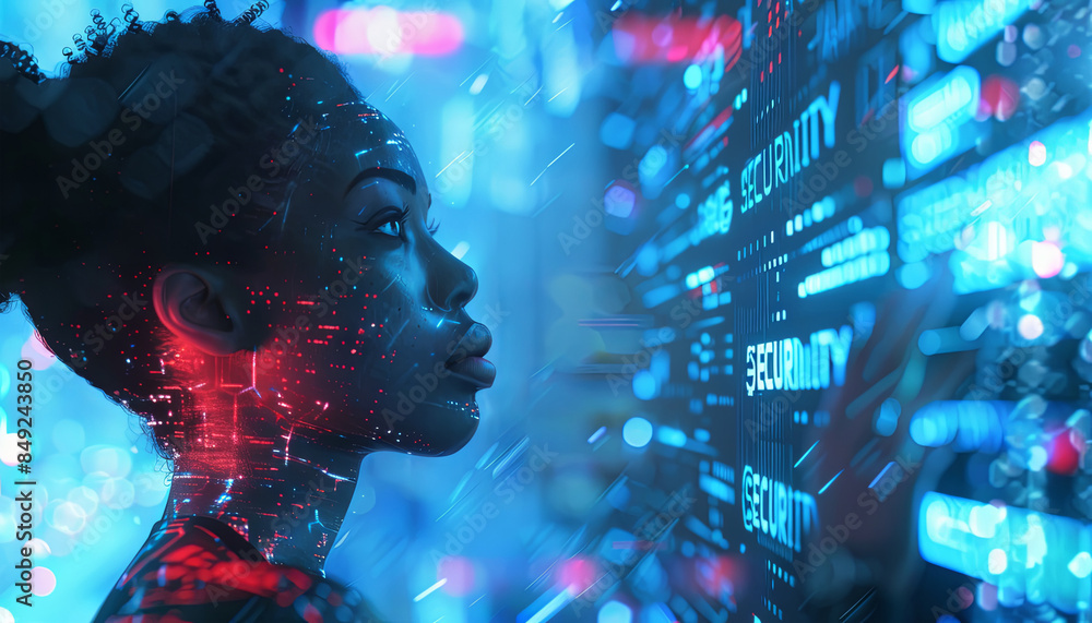 Ilustración de Stock AI cyber hacking concept banner. Black female ...