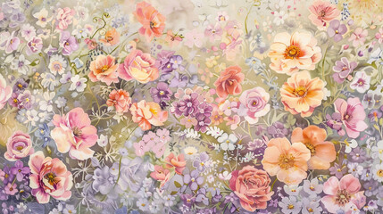 Wall Mural - Imagine a garden in full bloom, captured in soft watercolors and seamlessly woven into a pattern of floral abundance and beauty.